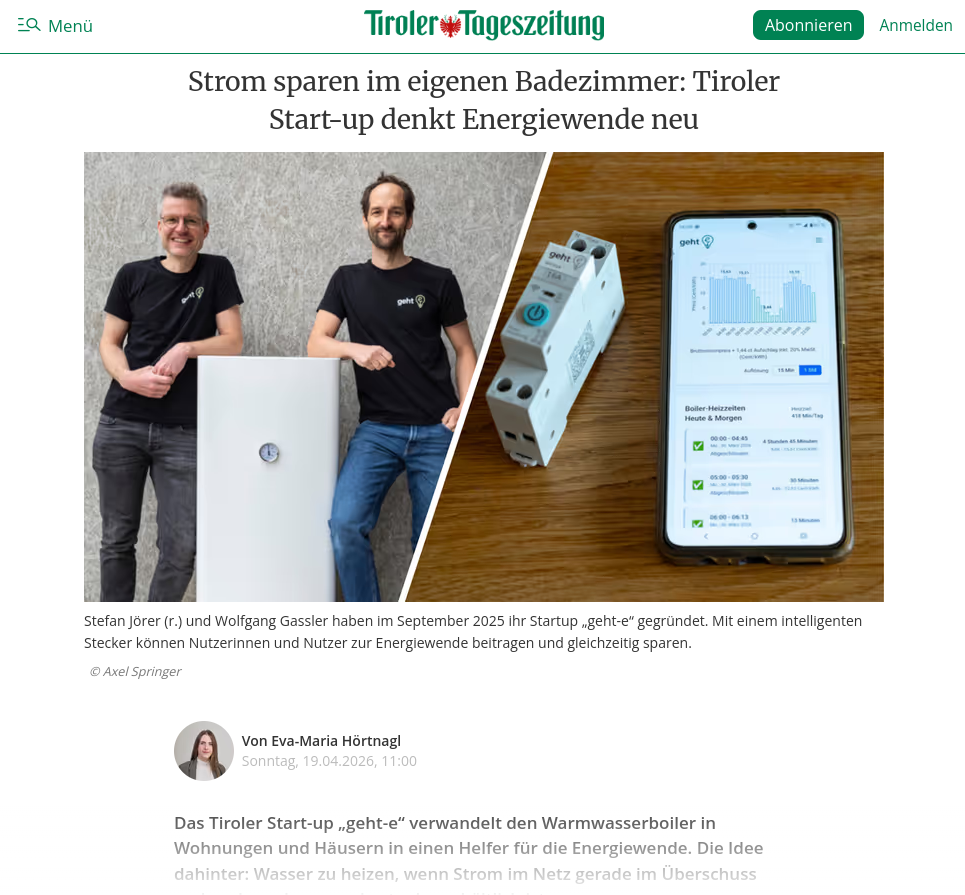 Artikel der Tiroler Tageszeitung: Strom sparen im eigenen Badezimmer – Tiroler Start-up denkt Energiewende neu, mit Foto von Stefan Jörer und Wolfgang Gassler
