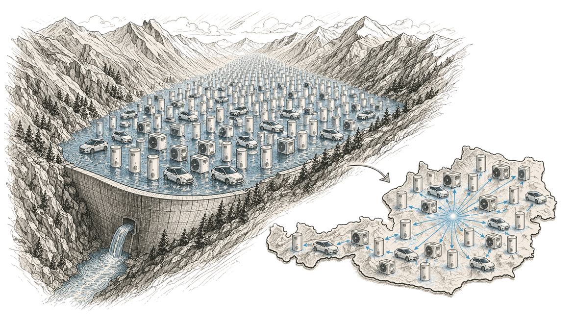 Illustration: Stausee aus Tausenden Boilern über einer Österreich-Karte